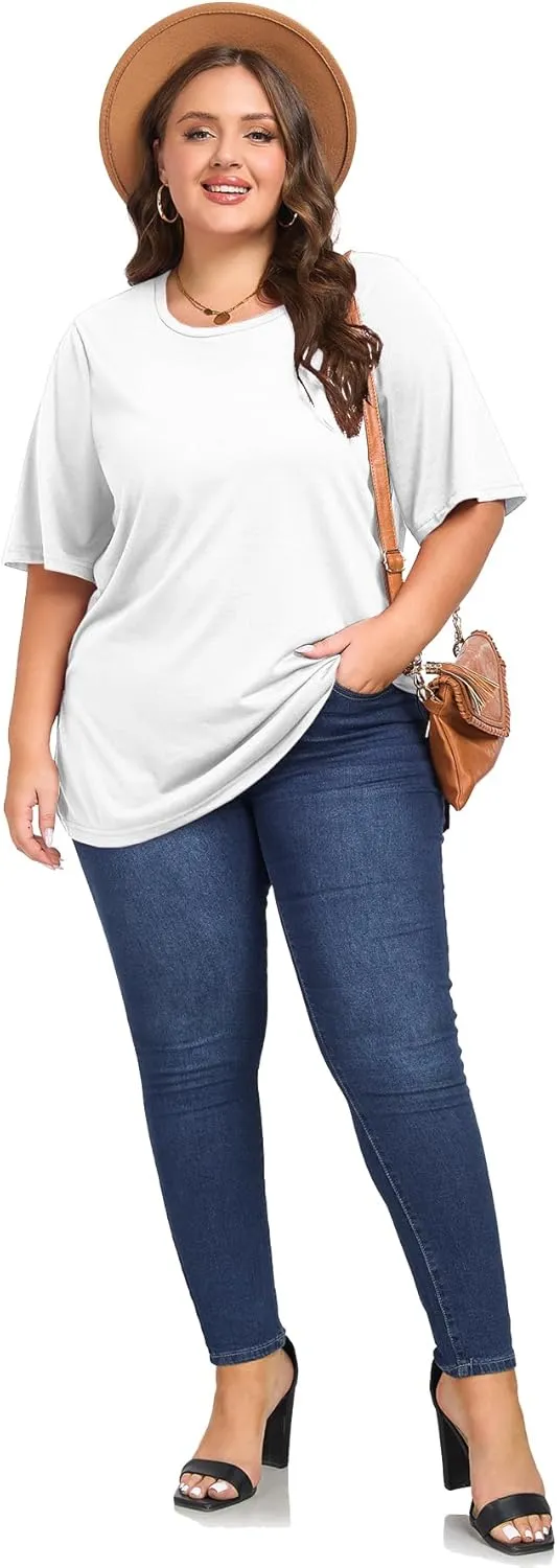 Women's Plus Size Crewneck Tops Half Sleeve Summer T-Shirt Loose Fit Blouse Casual Tunic with Side Split XL- 5XL