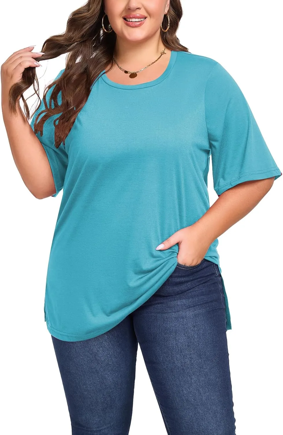 Women's Plus Size Crewneck Tops Half Sleeve Summer T-Shirt Loose Fit Blouse Casual Tunic with Side Split XL- 5XL