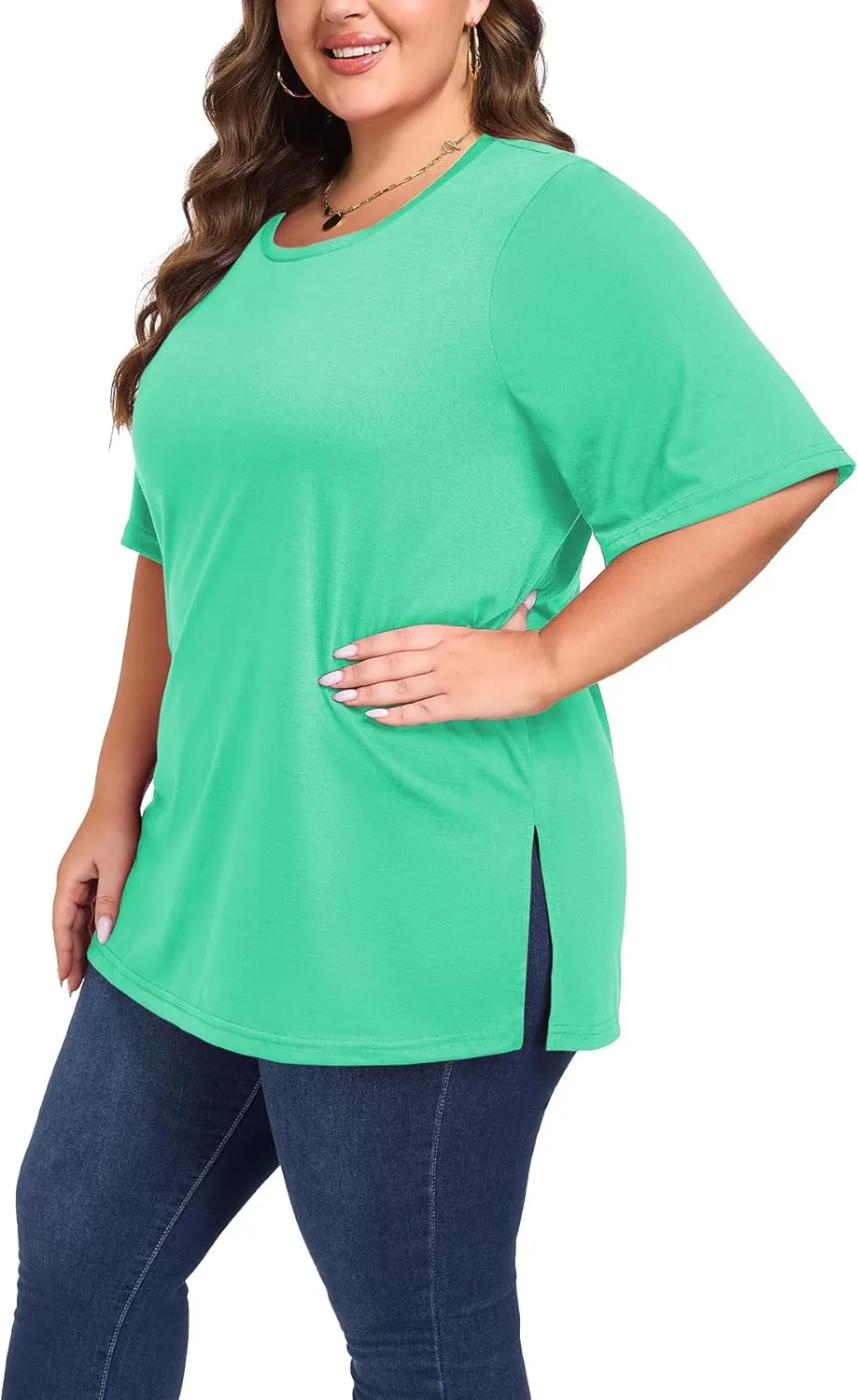 Women's Plus Size Crewneck Tops Half Sleeve Summer T-Shirt Loose Fit Blouse Casual Tunic with Side Split XL- 5XL