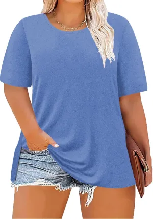 Women's Plus Size Crewneck Tops Half Sleeve Summer T-Shirt Loose Fit Blouse Casual Tunic with Side Split XL- 5XL