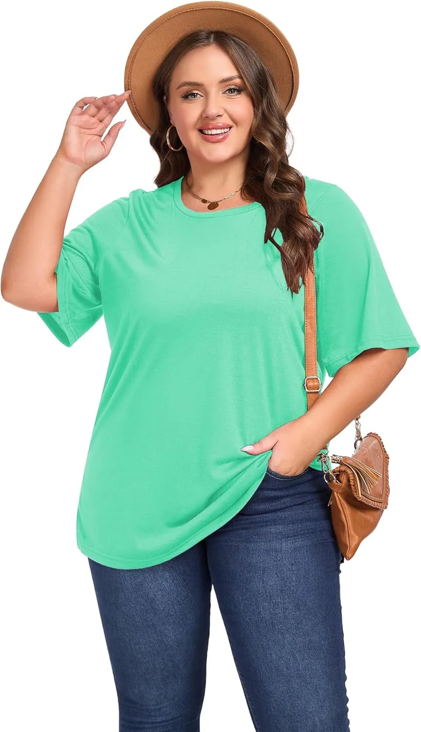 Women's Plus Size Crewneck Tops Half Sleeve Summer T-Shirt Loose Fit Blouse Casual Tunic with Side Split XL- 5XL