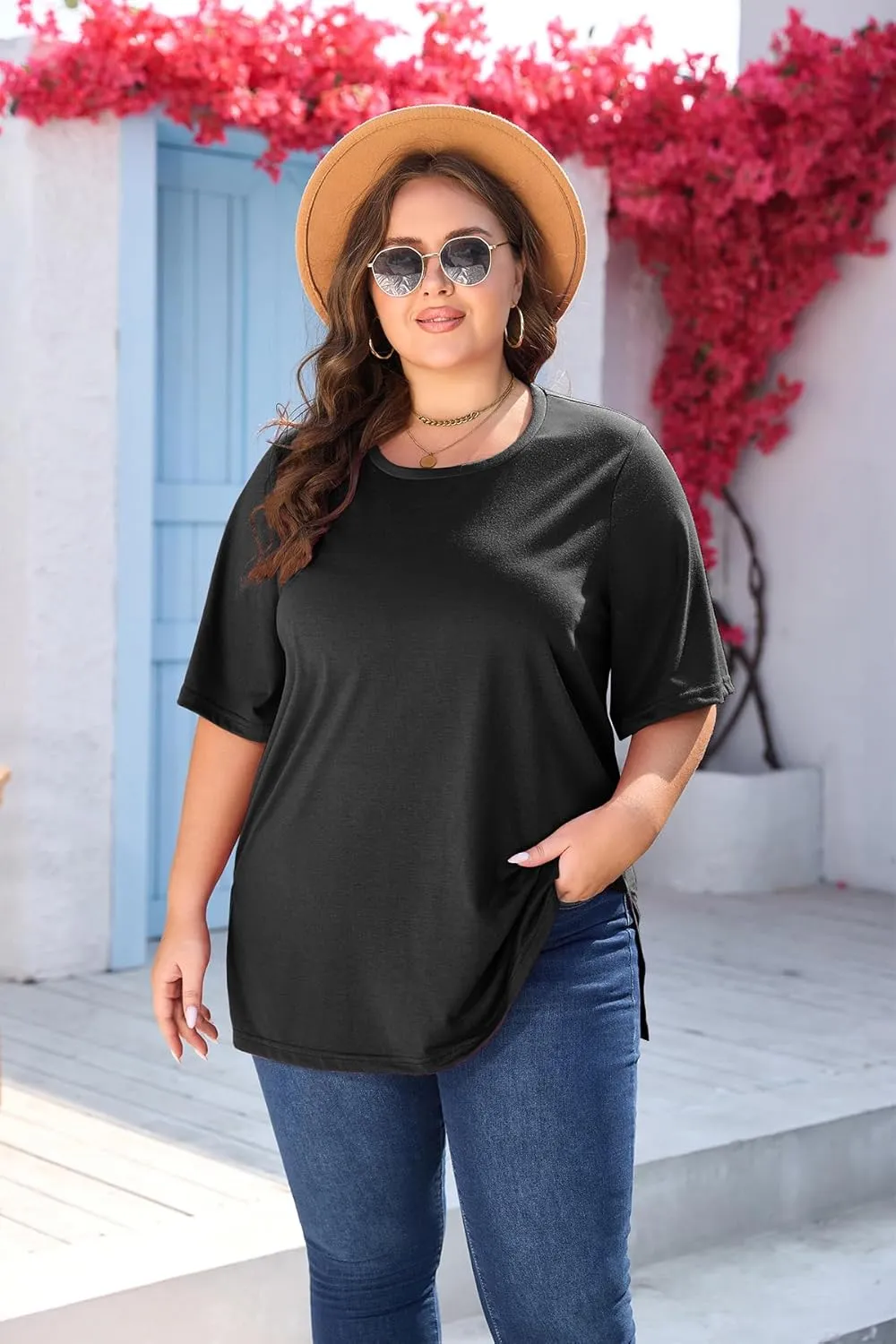 Women's Plus Size Crewneck Tops Half Sleeve Summer T-Shirt Loose Fit Blouse Casual Tunic with Side Split XL- 5XL