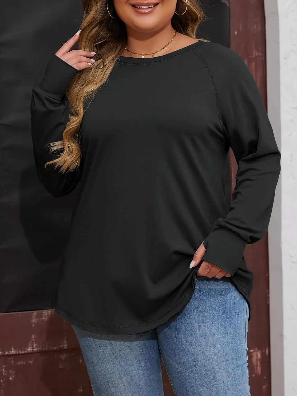 Women's Plus Size Long Sleeve Tunic Top Crew Neck Summer Oversized Fit Basic T Shirts Blouse