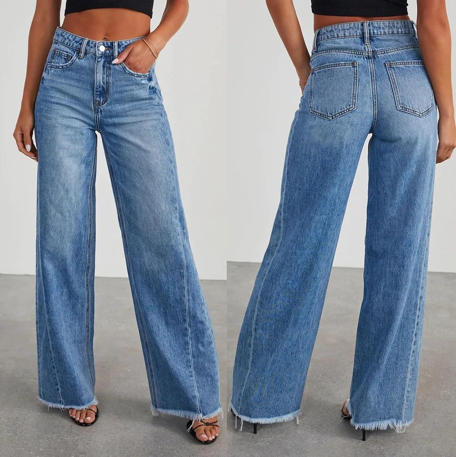 Women's Ripped Jeans Baggy Mid Waist Jeans Wide Leg Loose Boyfriend Denim Pants Straight Cropped Barrel Jeans, S-XL