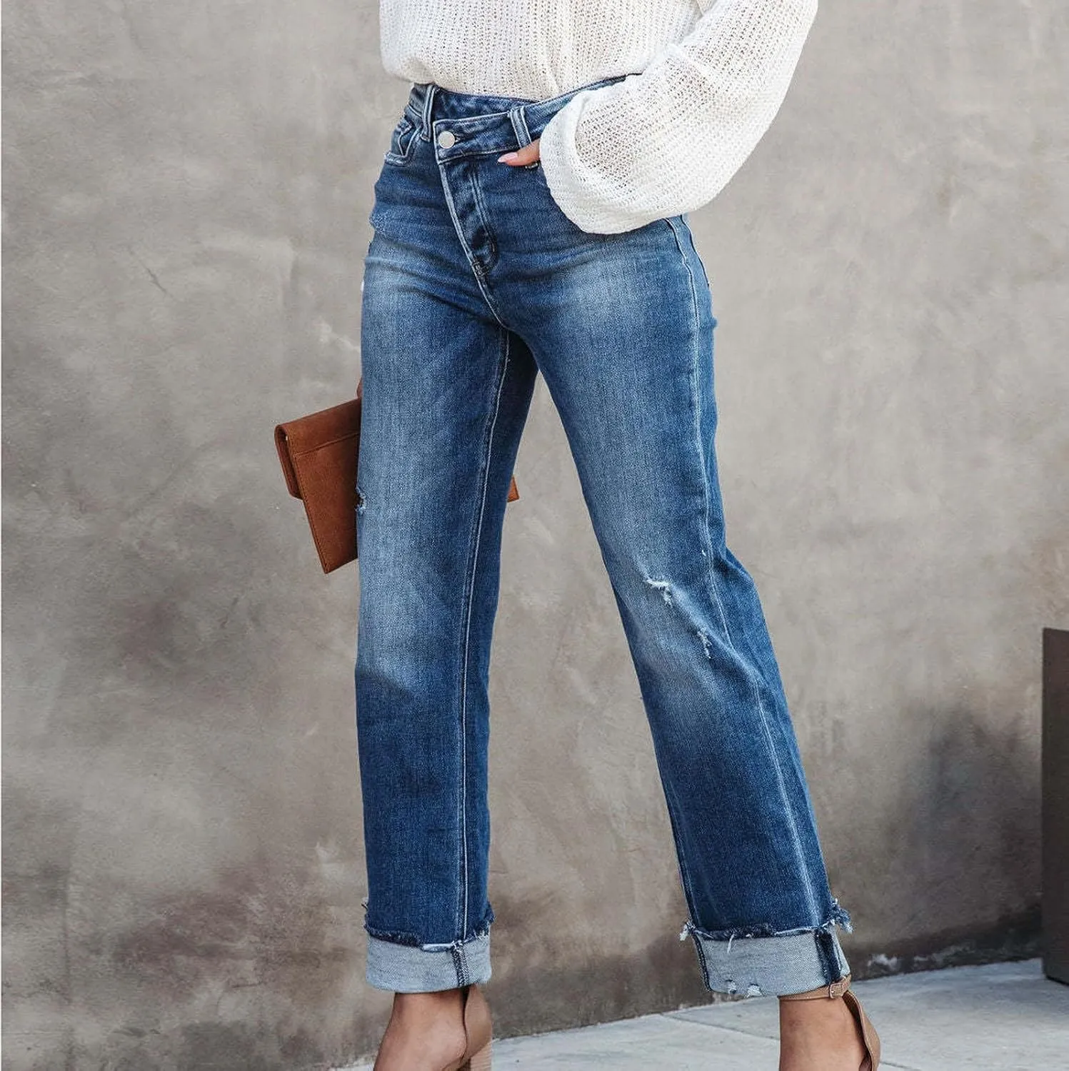 Women's Ripped Jeans Baggy Mid Waist Jeans Wide Leg Loose Boyfriend Denim Pants Straight Cropped Barrel Jeans, S-XL