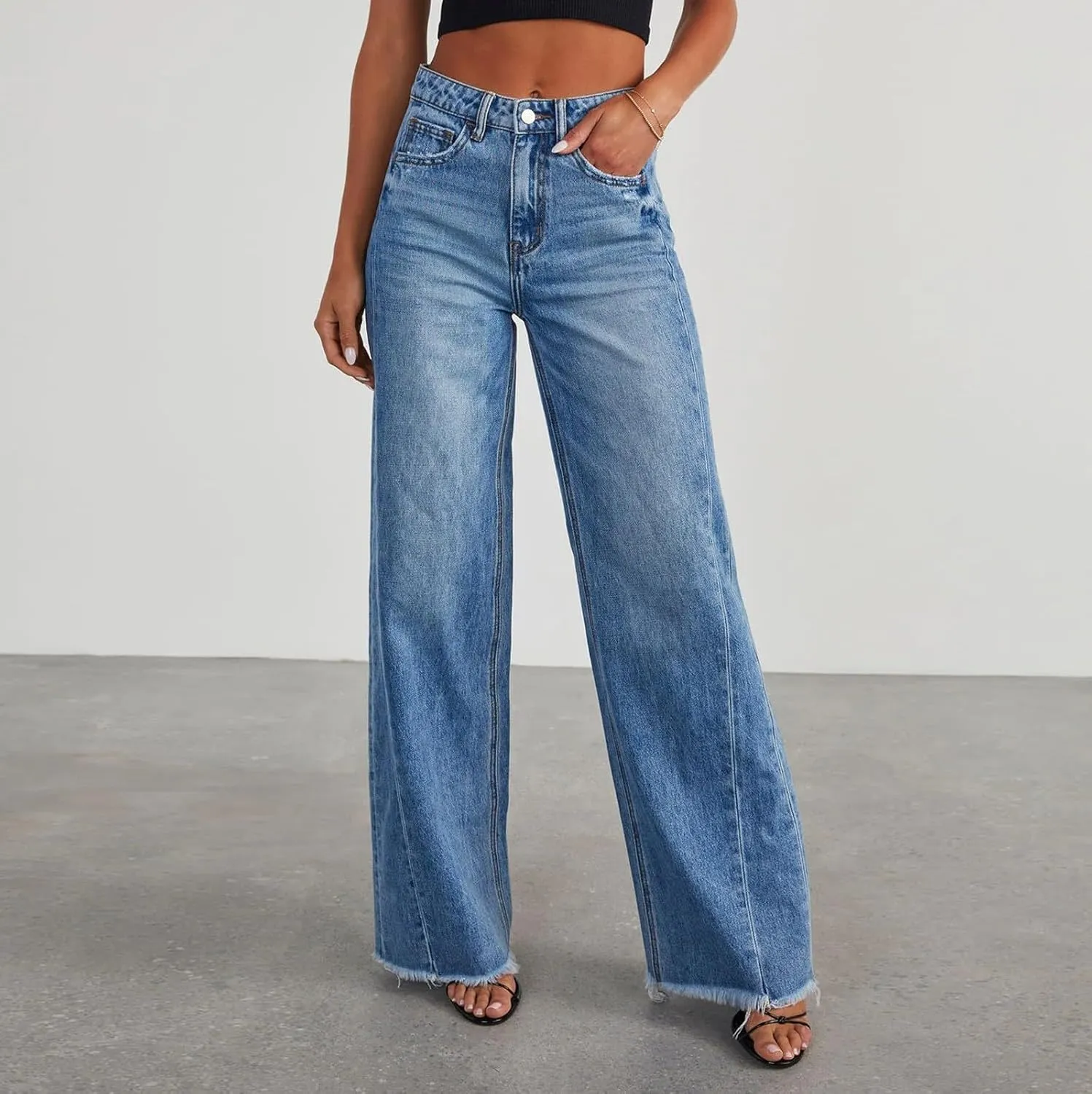 Women's Ripped Jeans Baggy Mid Waist Jeans Wide Leg Loose Boyfriend Denim Pants Straight Cropped Barrel Jeans, S-XL