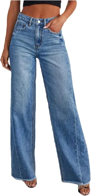 Women's Ripped Jeans Baggy Mid Waist Jeans Wide Leg Loose Boyfriend Denim Pants Straight Cropped Barrel Jeans, S-XL