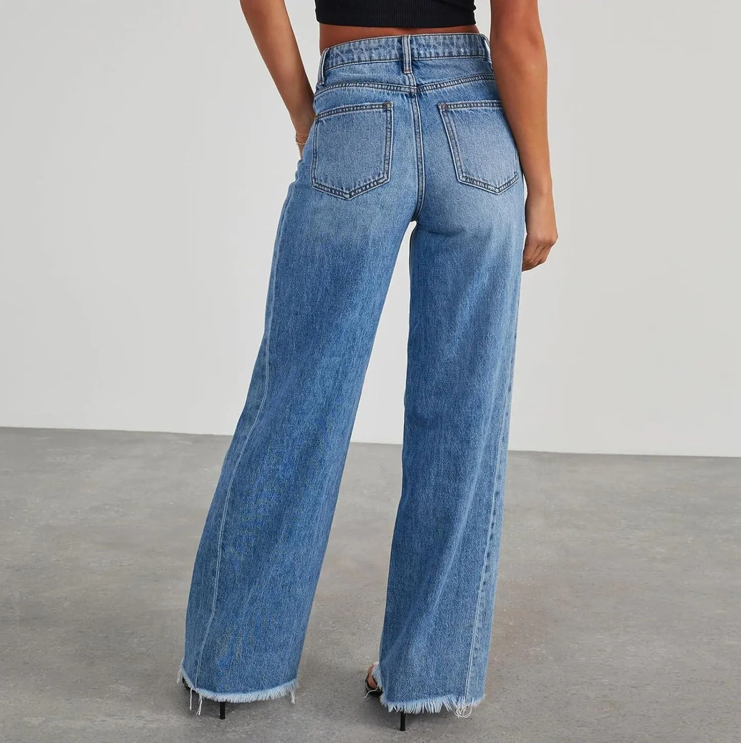 Women's Ripped Jeans Baggy Mid Waist Jeans Wide Leg Loose Boyfriend Denim Pants Straight Cropped Barrel Jeans, S-XL