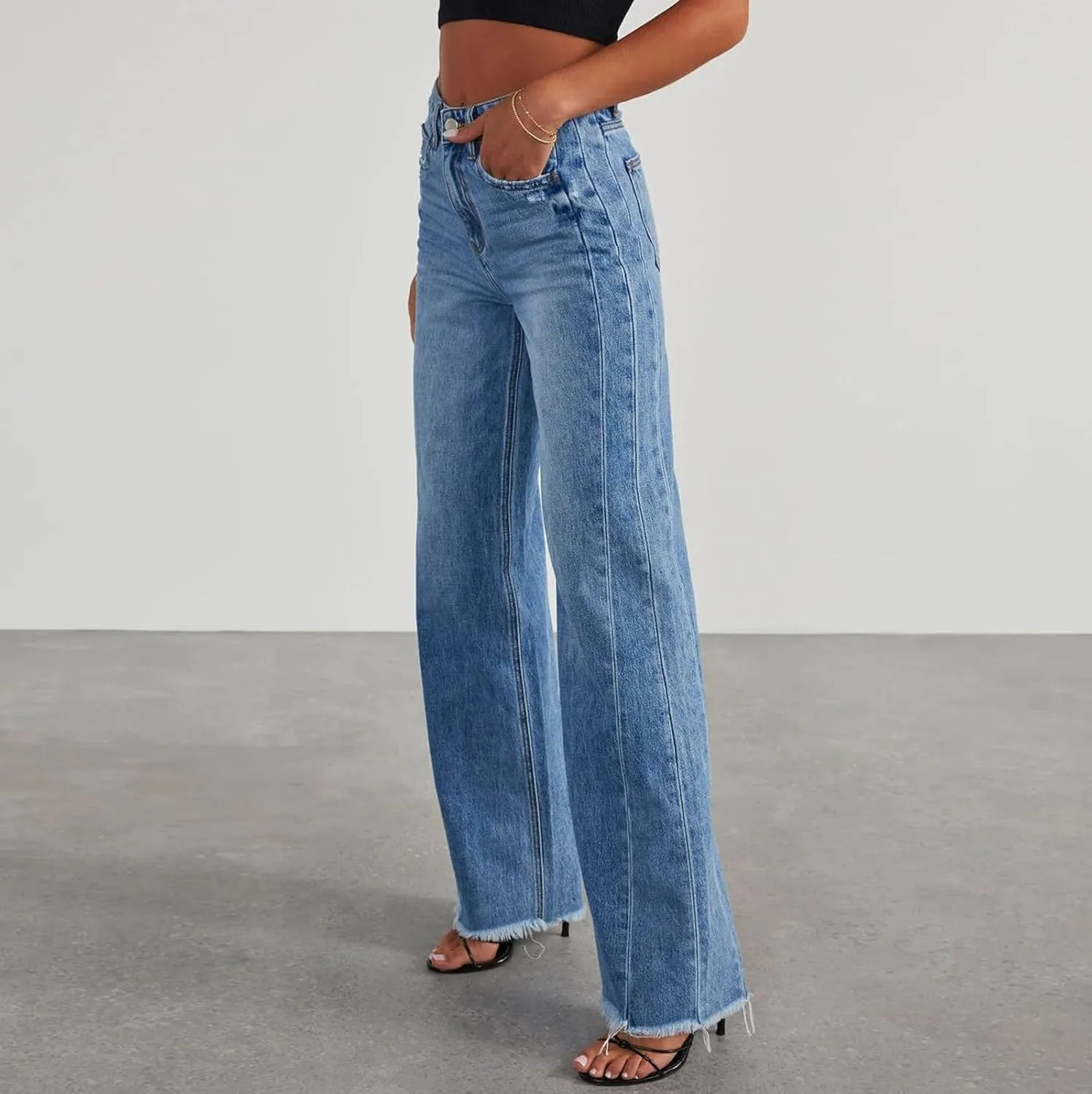 Women's Ripped Jeans Baggy Mid Waist Jeans Wide Leg Loose Boyfriend Denim Pants Straight Cropped Barrel Jeans, S-XL