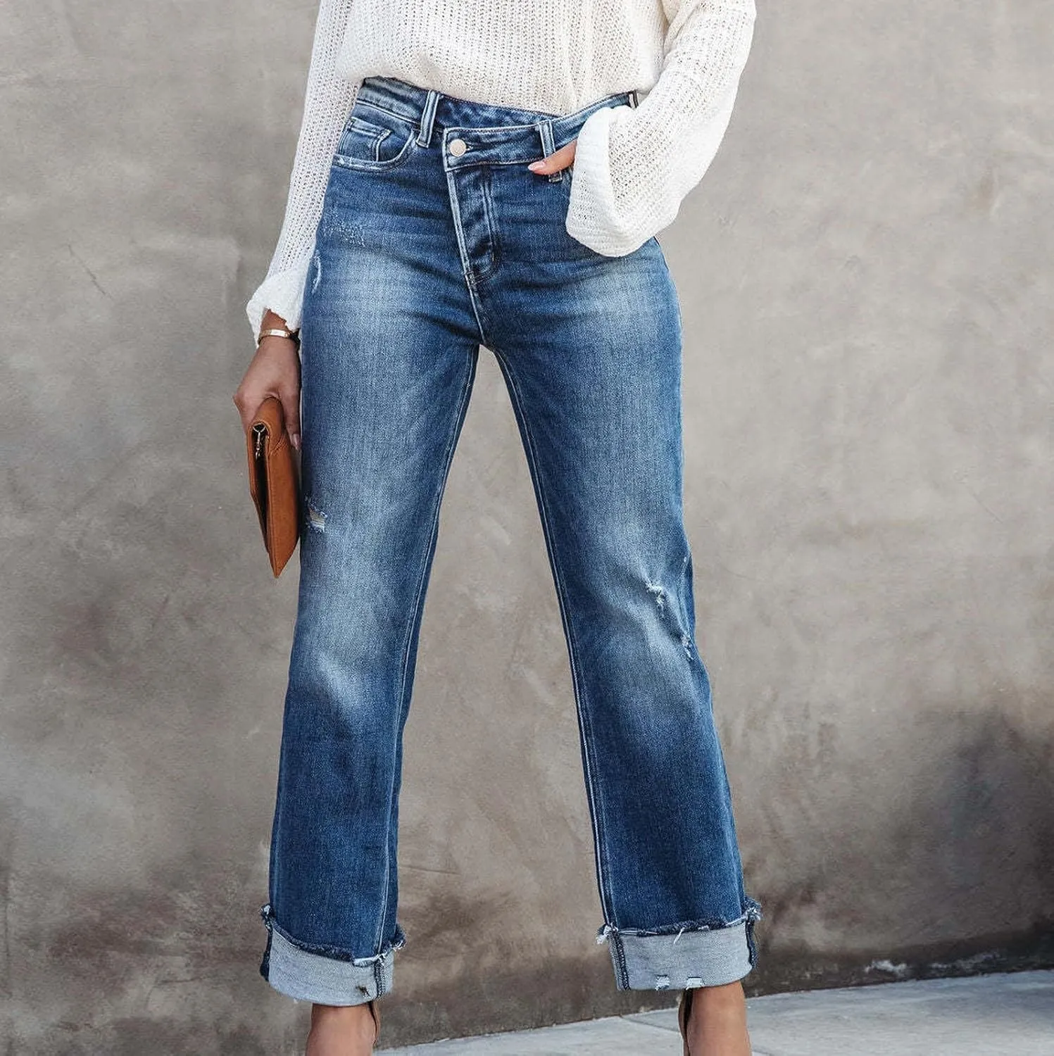 Women's Ripped Jeans Baggy Mid Waist Jeans Wide Leg Loose Boyfriend Denim Pants Straight Cropped Barrel Jeans, S-XL