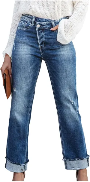 Women's Ripped Jeans Baggy Mid Waist Jeans Wide Leg Loose Boyfriend Denim Pants Straight Cropped Barrel Jeans, S-XL