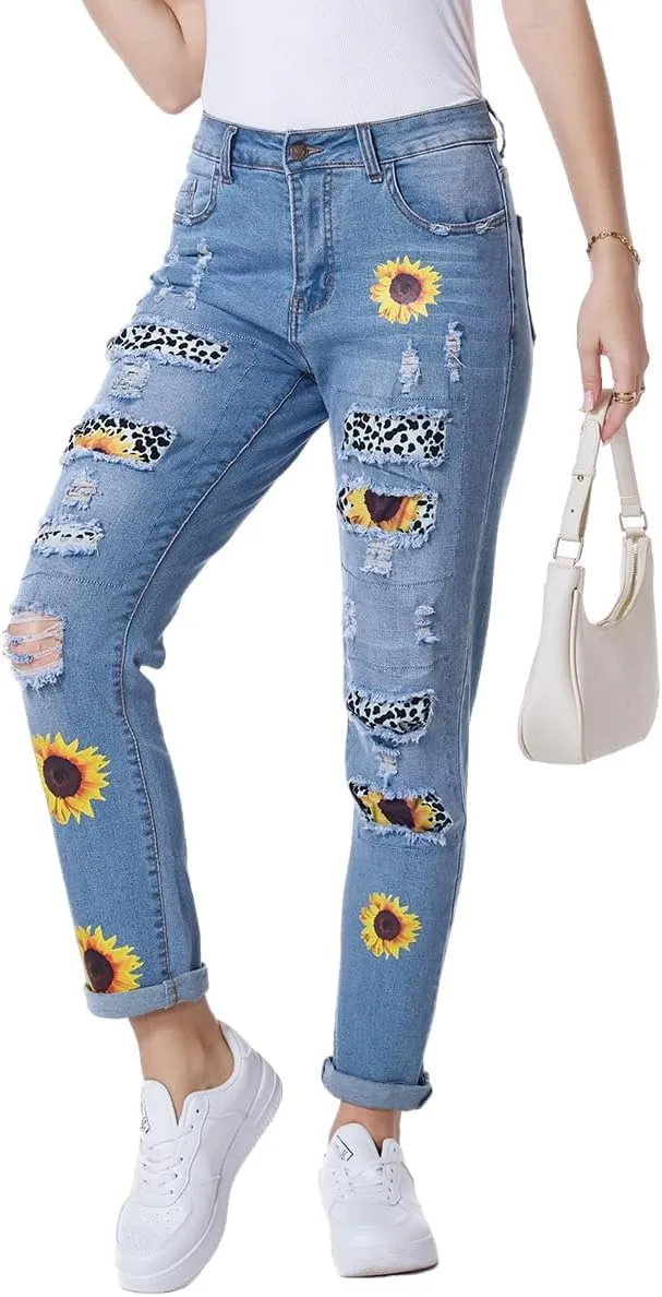 Women's Ripped Jeans Straight Leg Boyfriend Jeans Skinny Stretch Butt Lifting Jeans Slim Fit Denim Pants