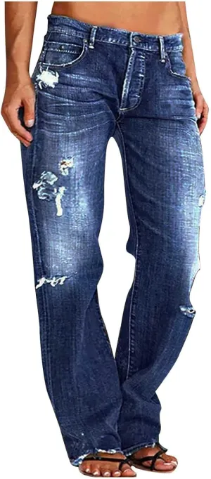 Womens Ripped Jeans Straight Leg Distressed Denim Pants High Waisted Stretch Destroyed Boyfriend Jeans with Pockets