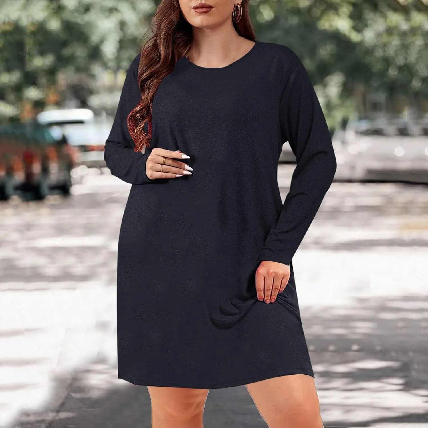 Womens Round Neck Long Sleeve Mini Dress Casual Loose Fit Shift Dress Nightgown Soft Sleep Dress Plus Size Sleepwear