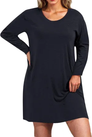 Womens Round Neck Long Sleeve Mini Dress Casual Loose Fit Shift Dress Nightgown Soft Sleep Dress Plus Size Sleepwear