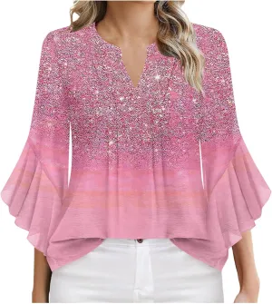 Women's Sequins Printed 3/4 Sleeve Tops Loose Fit Casual V Neck Bell Sleeve Tunic Shirts Trendy Sparkle Summer Blouse Tees