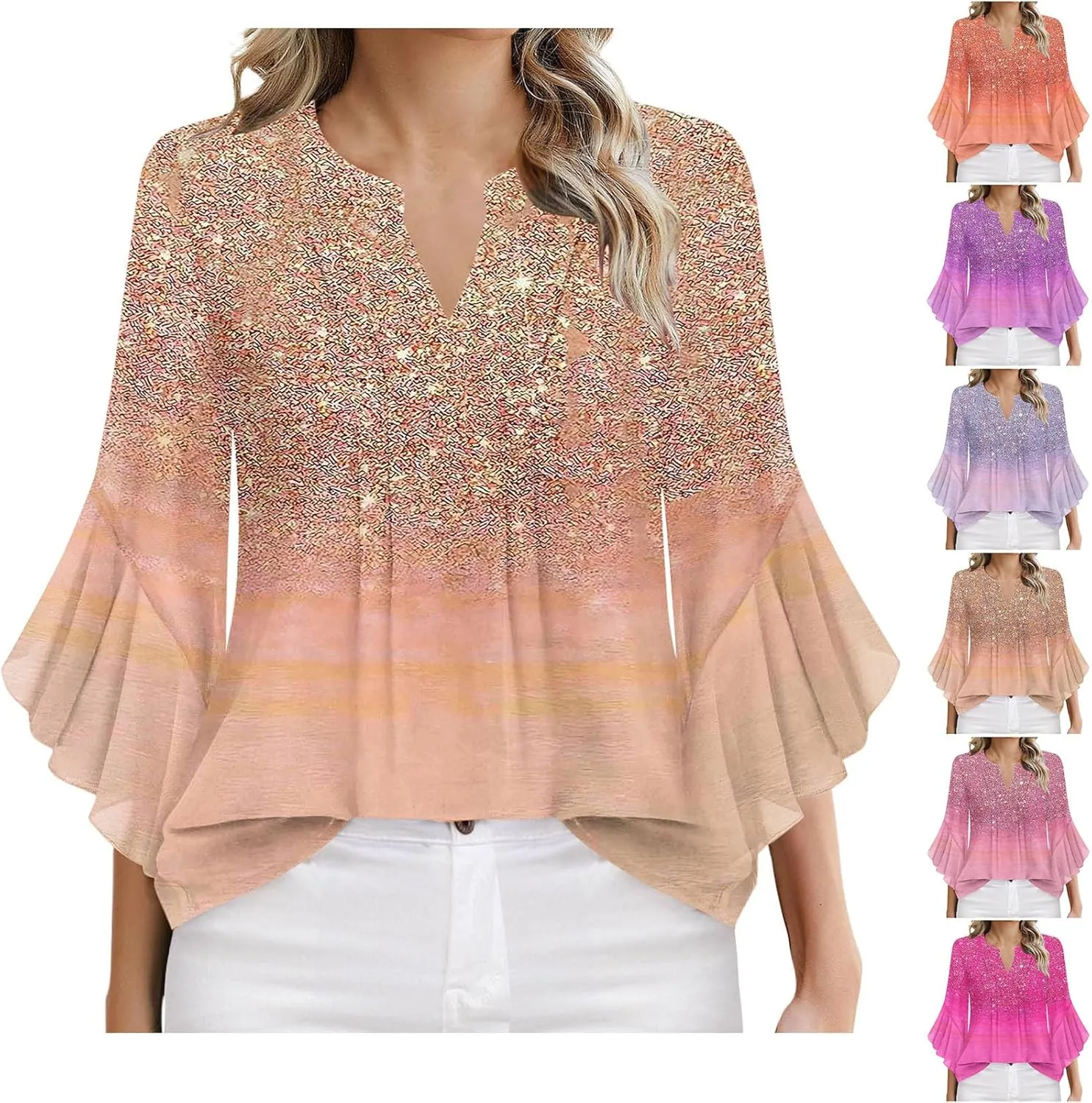 Women's Sequins Printed 3/4 Sleeve Tops Loose Fit Casual V Neck Bell Sleeve Tunic Shirts Trendy Sparkle Summer Blouse Tees