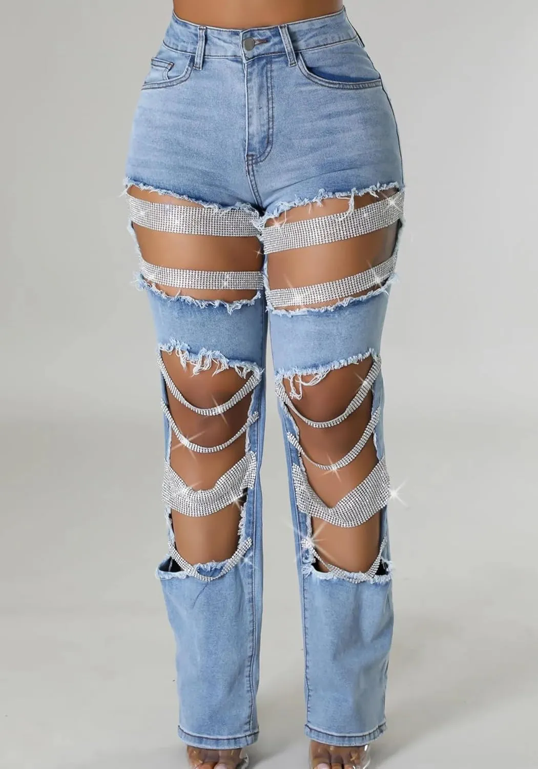 Womens Sexy Ripped Jeans High Waisted Rhinestones Pearl Chains Distressed Baggy Jeans Party Clubwear Denim Pants