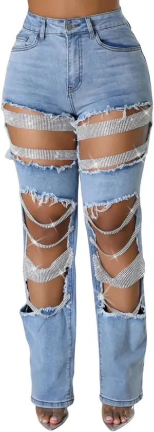 Womens Sexy Ripped Jeans High Waisted Rhinestones Pearl Chains Distressed Baggy Jeans Party Clubwear Denim Pants