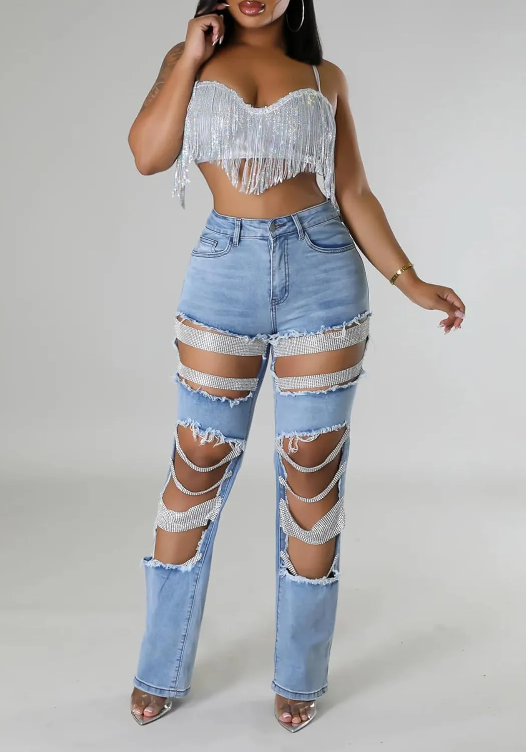 Womens Sexy Ripped Jeans High Waisted Rhinestones Pearl Chains Distressed Baggy Jeans Party Clubwear Denim Pants