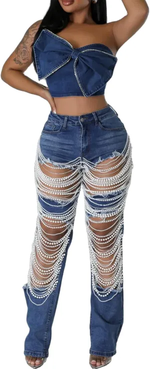 Womens Sexy Ripped Jeans High Waisted Rhinestones Pearl Chains Distressed Baggy Jeans Party Clubwear Denim Pants