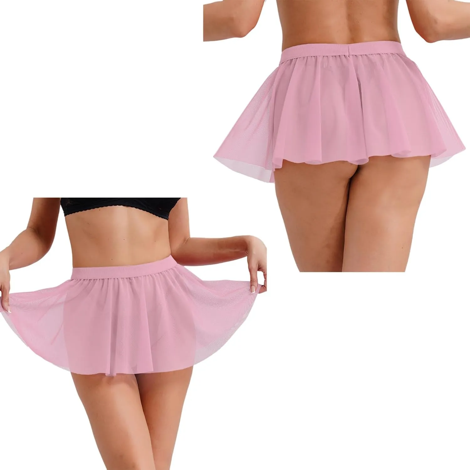 Women's Sheer Mesh Mini Skirts Elastic Waistband Pleated Skater Sexy See-through Ruffle Skirts