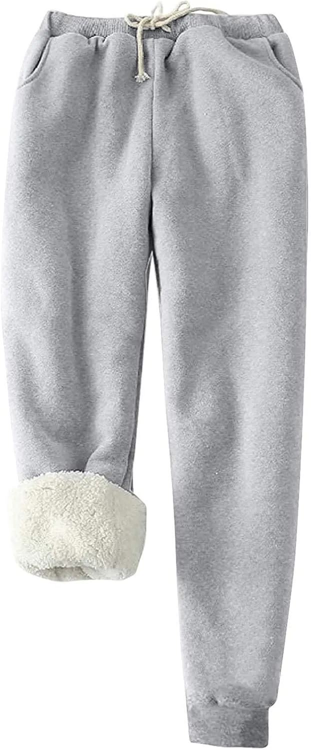 Women's Sherpa Fleece Lined Thicken Joggers Casual Solid Drawstring Waist Cinch Bottom Sweatpants Comfy Warm Home Loungewear