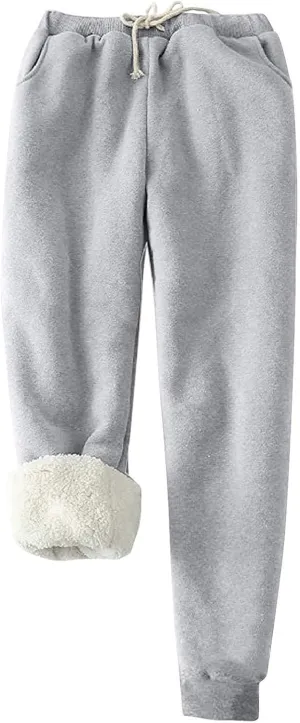 Women's Sherpa Fleece Lined Thicken Joggers Casual Solid Drawstring Waist Cinch Bottom Sweatpants Comfy Warm Home Loungewear