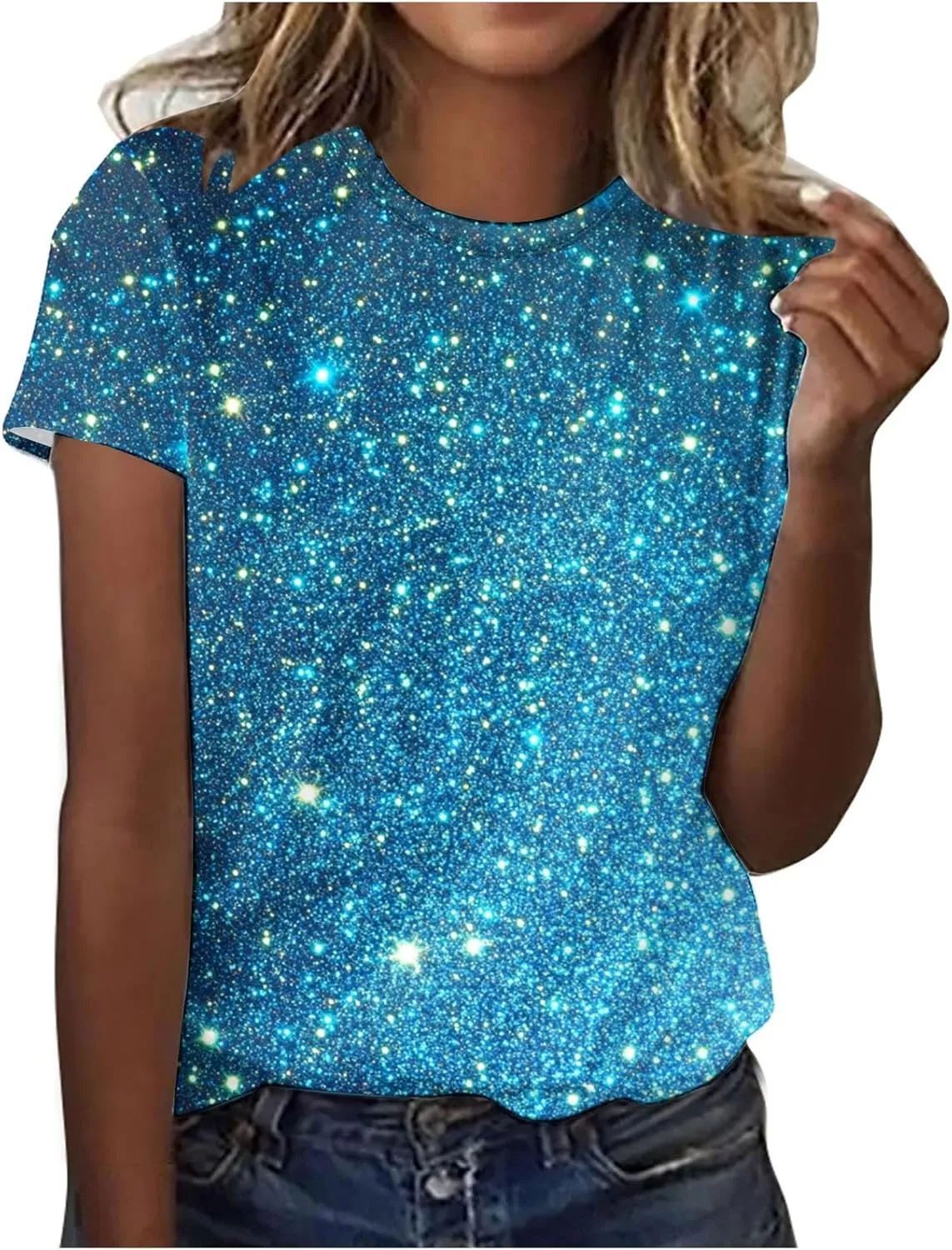 Women's Shiny Sequins Printed Basic Summer Tops Loose Fit Casual Short Sleeve T Shirts Crewneck Trendy Sparkle Blouse