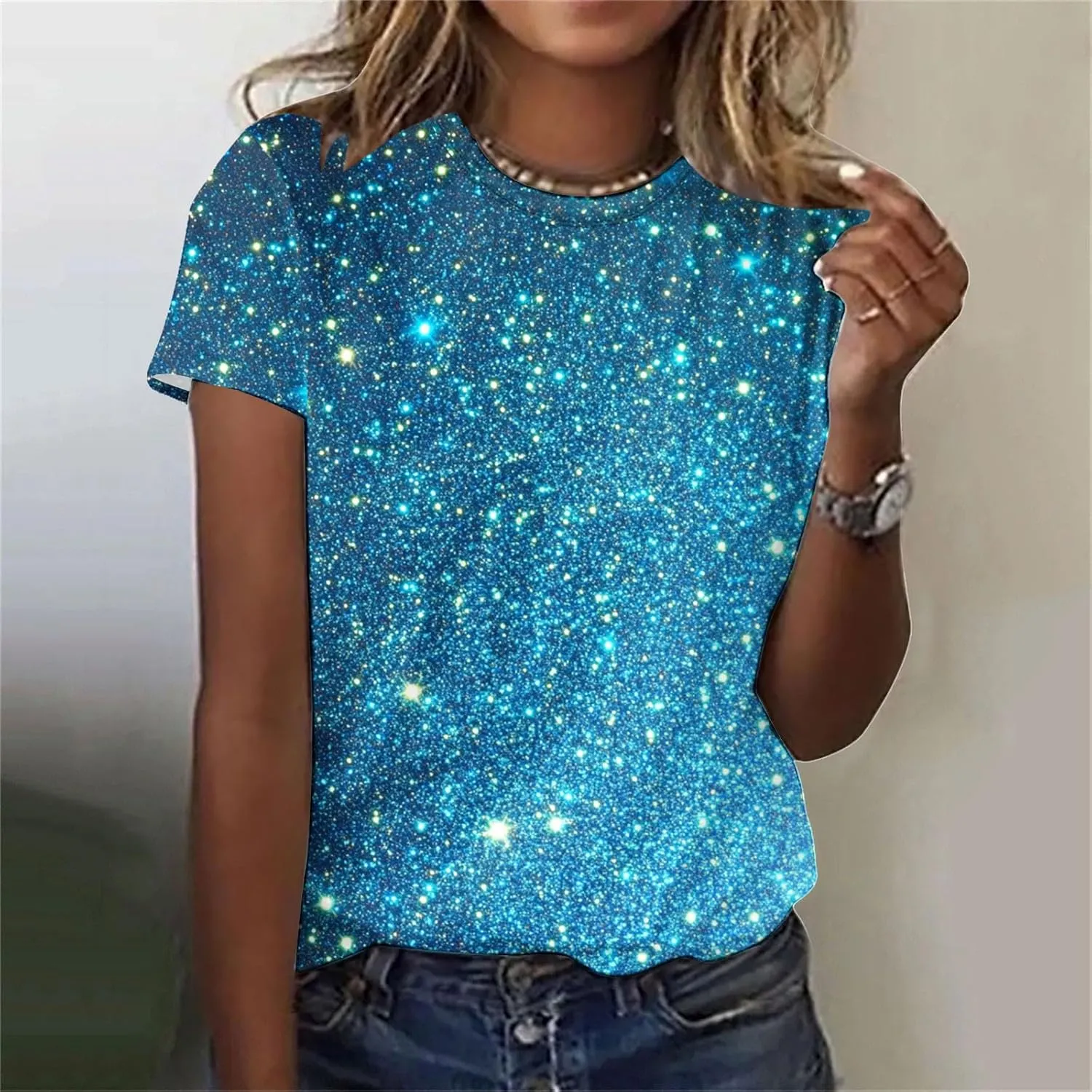 Women's Shiny Sequins Printed Basic Summer Tops Loose Fit Casual Short Sleeve T Shirts Crewneck Trendy Sparkle Blouse