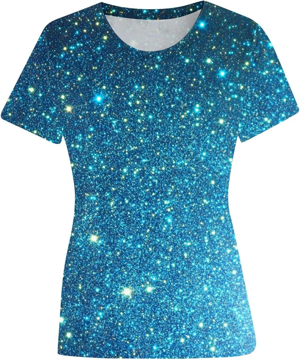 Women's Shiny Sequins Printed Basic Summer Tops Loose Fit Casual Short Sleeve T Shirts Crewneck Trendy Sparkle Blouse