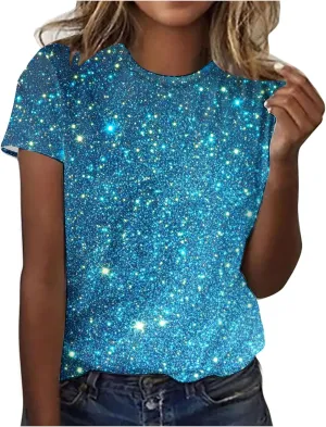 Women's Shiny Sequins Printed Basic Summer Tops Loose Fit Casual Short Sleeve T Shirts Crewneck Trendy Sparkle Blouse