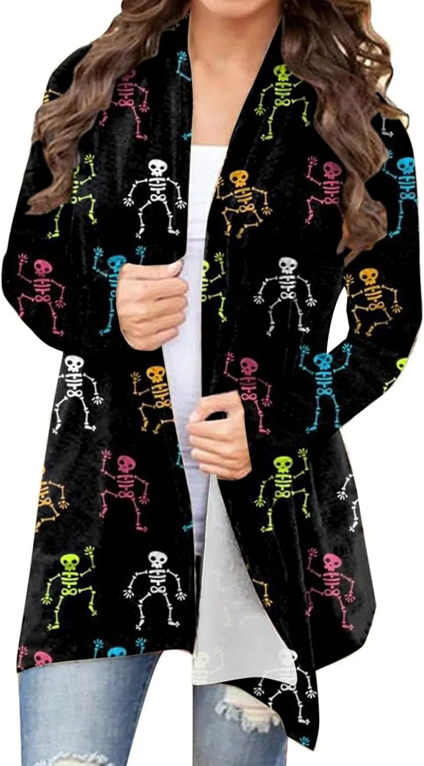 Womens Skull Print Sweater Cardigan Lightweight Soft Knit Cardigan Sweater Chunky Cardigan Batwing Long Sleeve Coat
