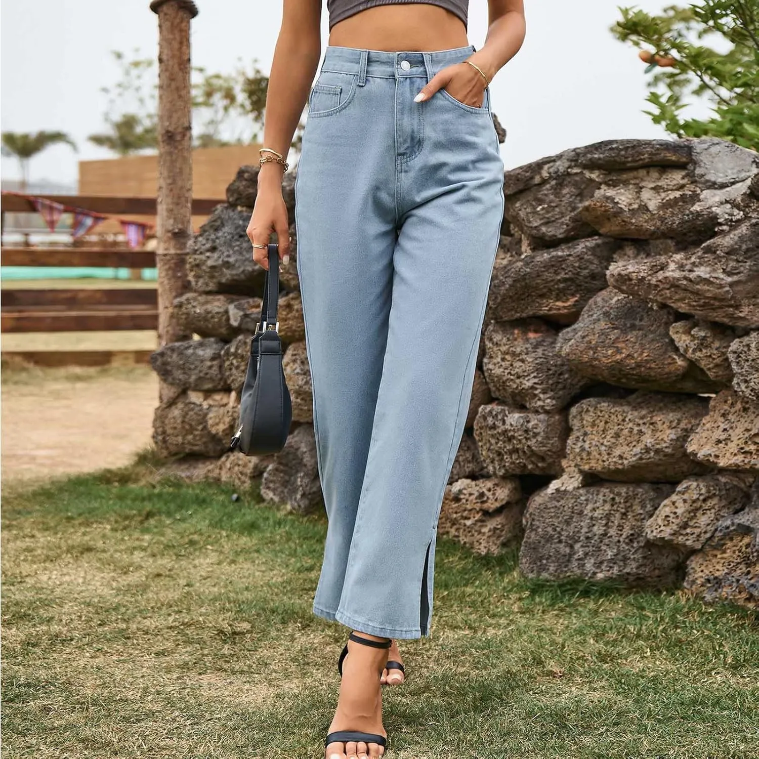 Women's Split Hem Jeans Straight Leg Denim Pants High Waisted Stretch Boyfriend Jeans with Pockets