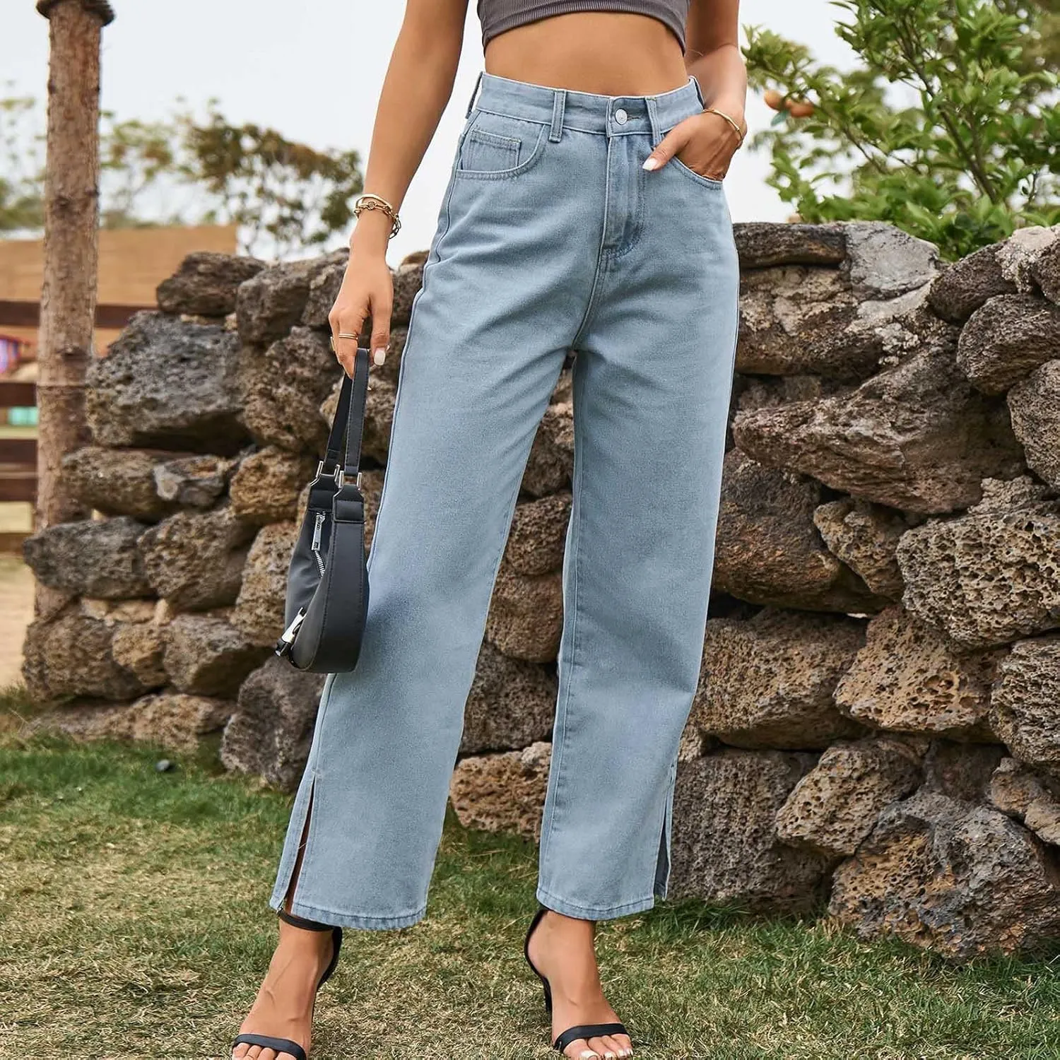 Women's Split Hem Jeans Straight Leg Denim Pants High Waisted Stretch Boyfriend Jeans with Pockets