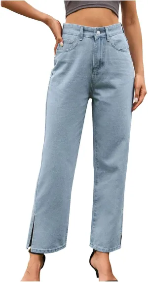 Women's Split Hem Jeans Straight Leg Denim Pants High Waisted Stretch Boyfriend Jeans with Pockets