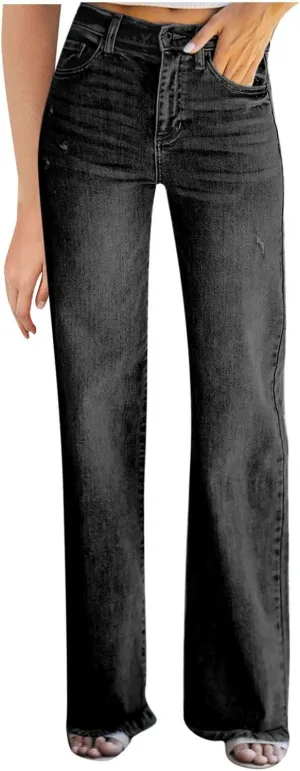 Womens Straight Leg Jeans High Waisted Stretch Denim Pants Wide Leg Dressy Pants Vintage Casual Jeans 2023 Summer Trendy
