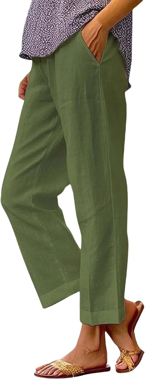 Womens Straight Leg Pants Lightweight Breathable Cotton Linen Pant Fashion Elastic Waist Solid Color Casual Pants