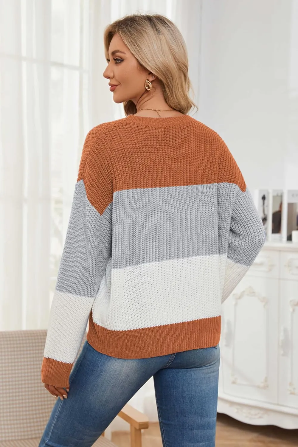 Women's Striped Color Block Sweater Long Sleeve Crewneck Casual Loose Fit Soft Knit Sweater Pullover Tops