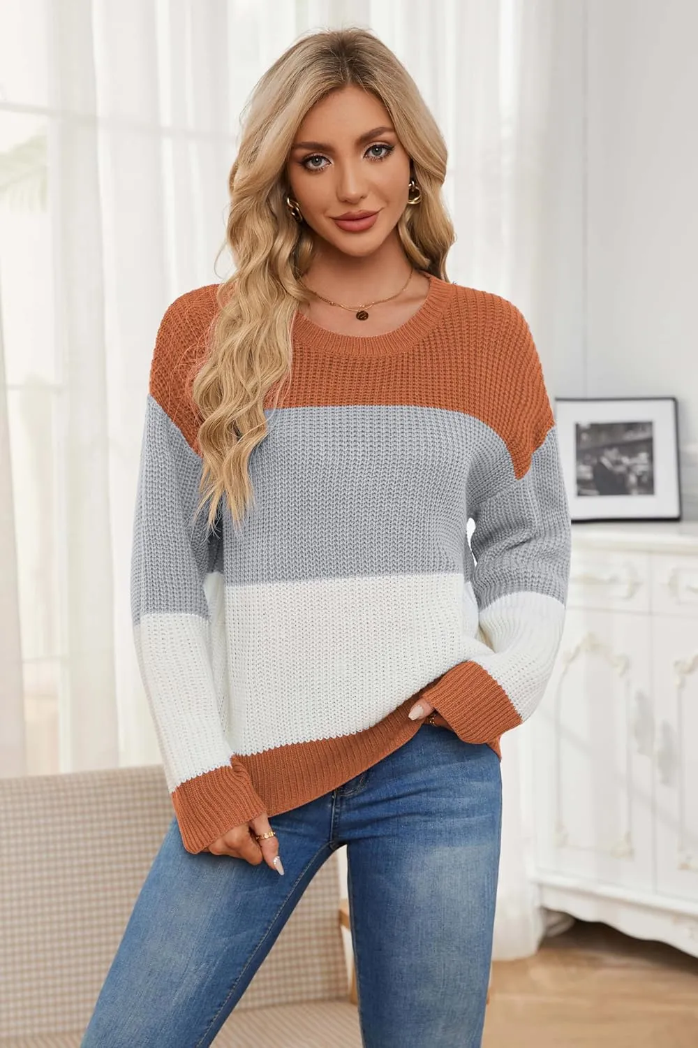 Women's Striped Color Block Sweater Long Sleeve Crewneck Casual Loose Fit Soft Knit Sweater Pullover Tops