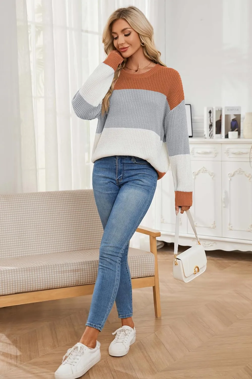 Women's Striped Color Block Sweater Long Sleeve Crewneck Casual Loose Fit Soft Knit Sweater Pullover Tops