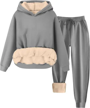 Womens Sweatsuits 2 Piece Set Winter Fleece Sherpa Lined Hoodie Sweatshirt and Long Pants Tracksuit Casual Warm Sets