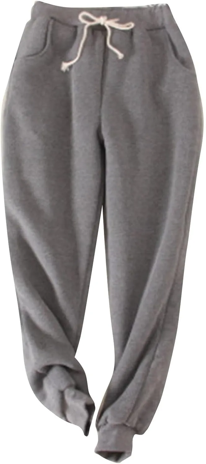 Women's Thicken Fleece Lined Sweatpants with Pockets Drawstring Waist Ankle Cuffed Joggers Cozy Warm Sherpa Winter Loungewear