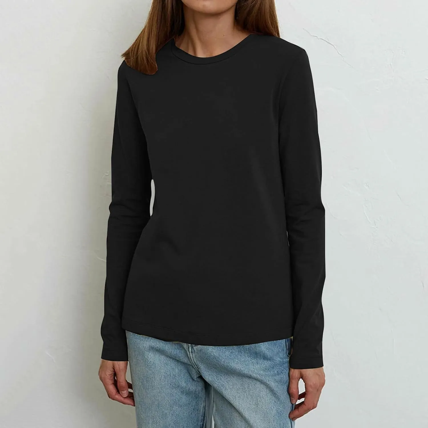 Womens Tunic Tops Casual Long Sleeve Round Neck Stretchy Loose Fit Palin Color Sweatshirt Pullover Shirts Fall 2024