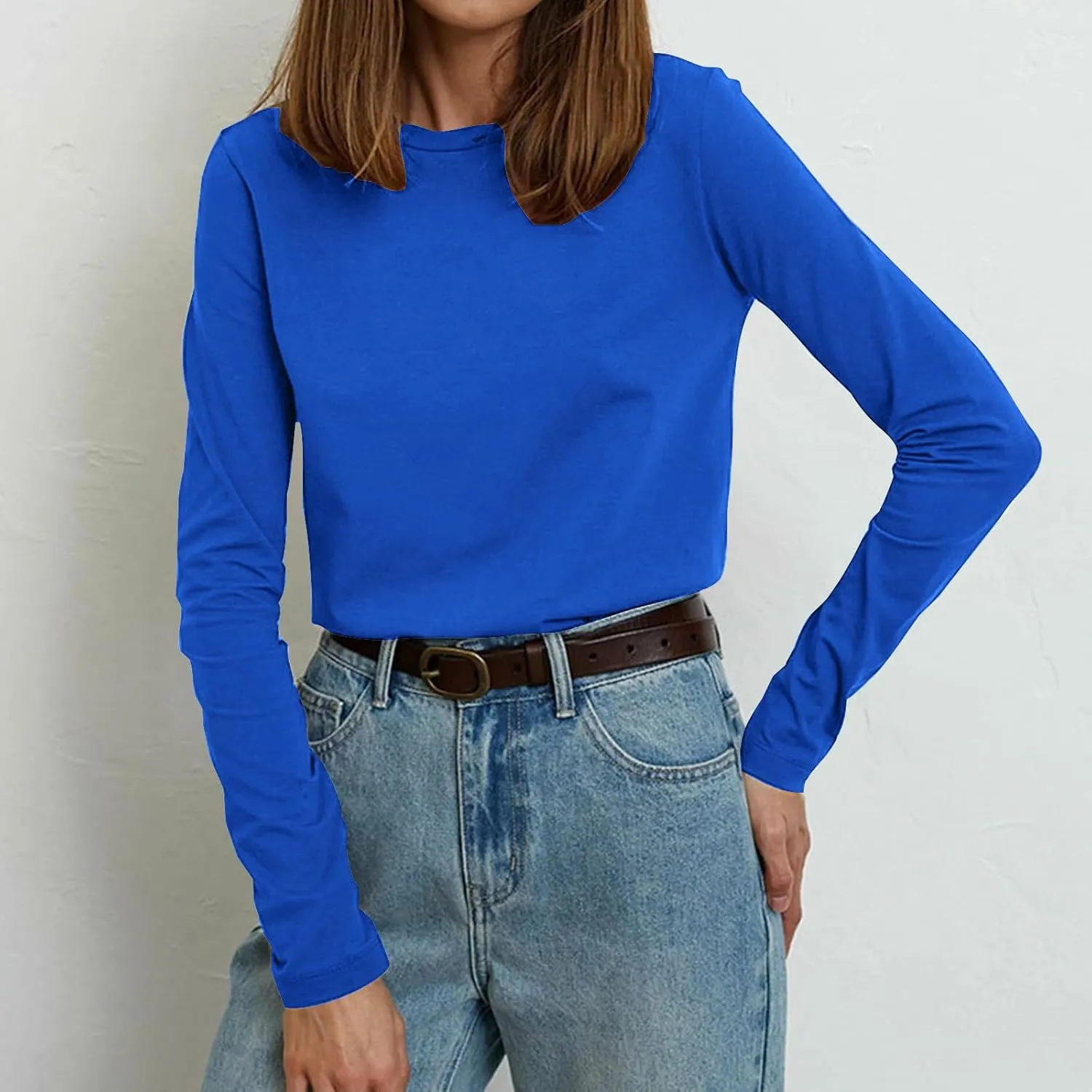 Womens Tunic Tops Casual Long Sleeve Round Neck Stretchy Loose Fit Palin Color Sweatshirt Pullover Shirts Fall 2024
