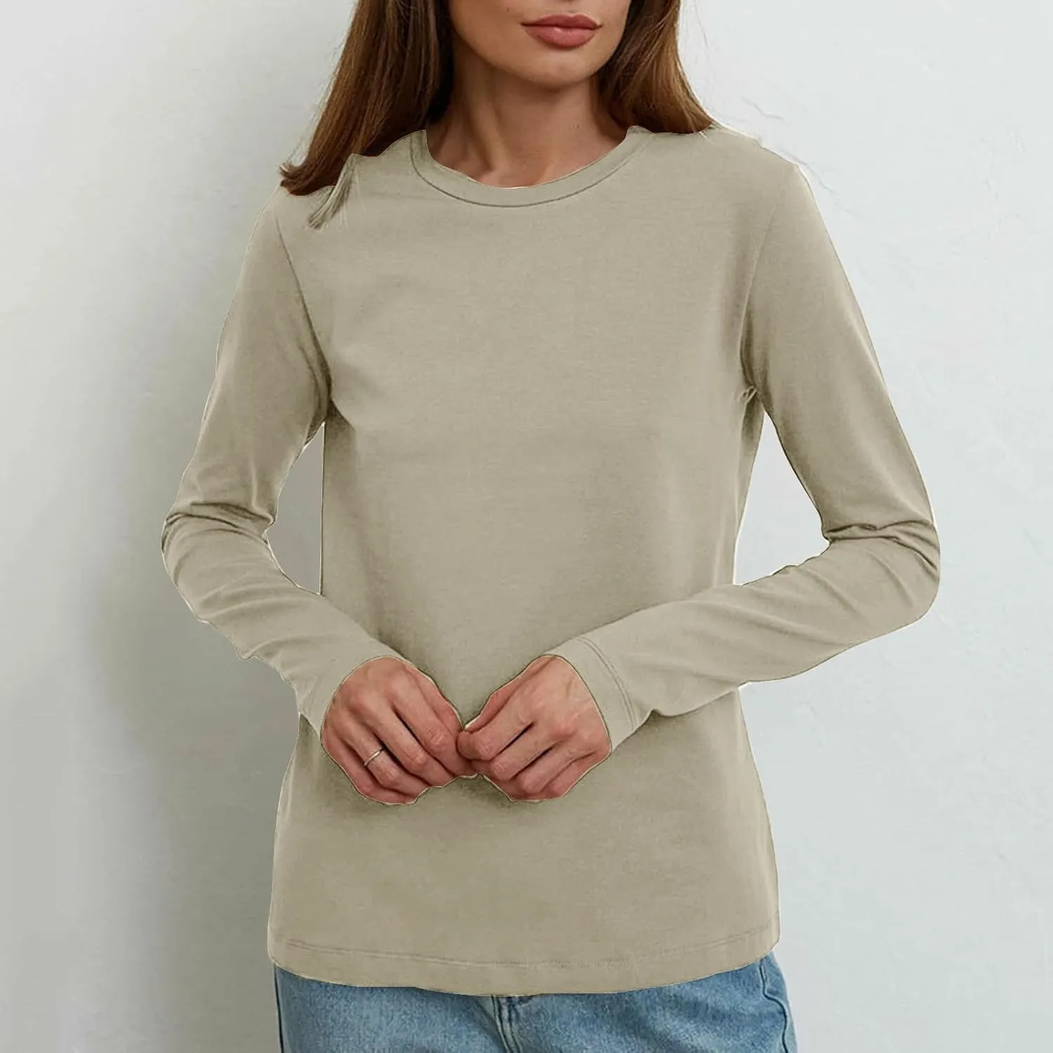 Womens Tunic Tops Casual Long Sleeve Round Neck Stretchy Loose Fit Palin Color Sweatshirt Pullover Shirts Fall 2024