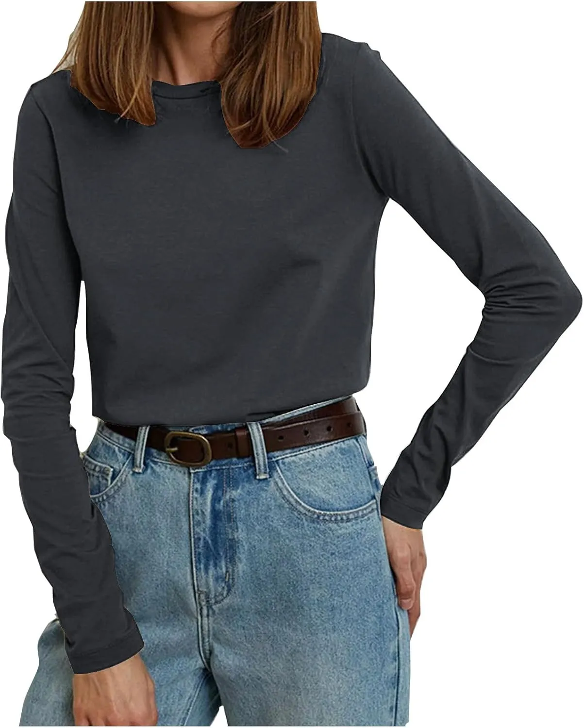 Womens Tunic Tops Casual Long Sleeve Round Neck Stretchy Loose Fit Palin Color Sweatshirt Pullover Shirts Fall 2024