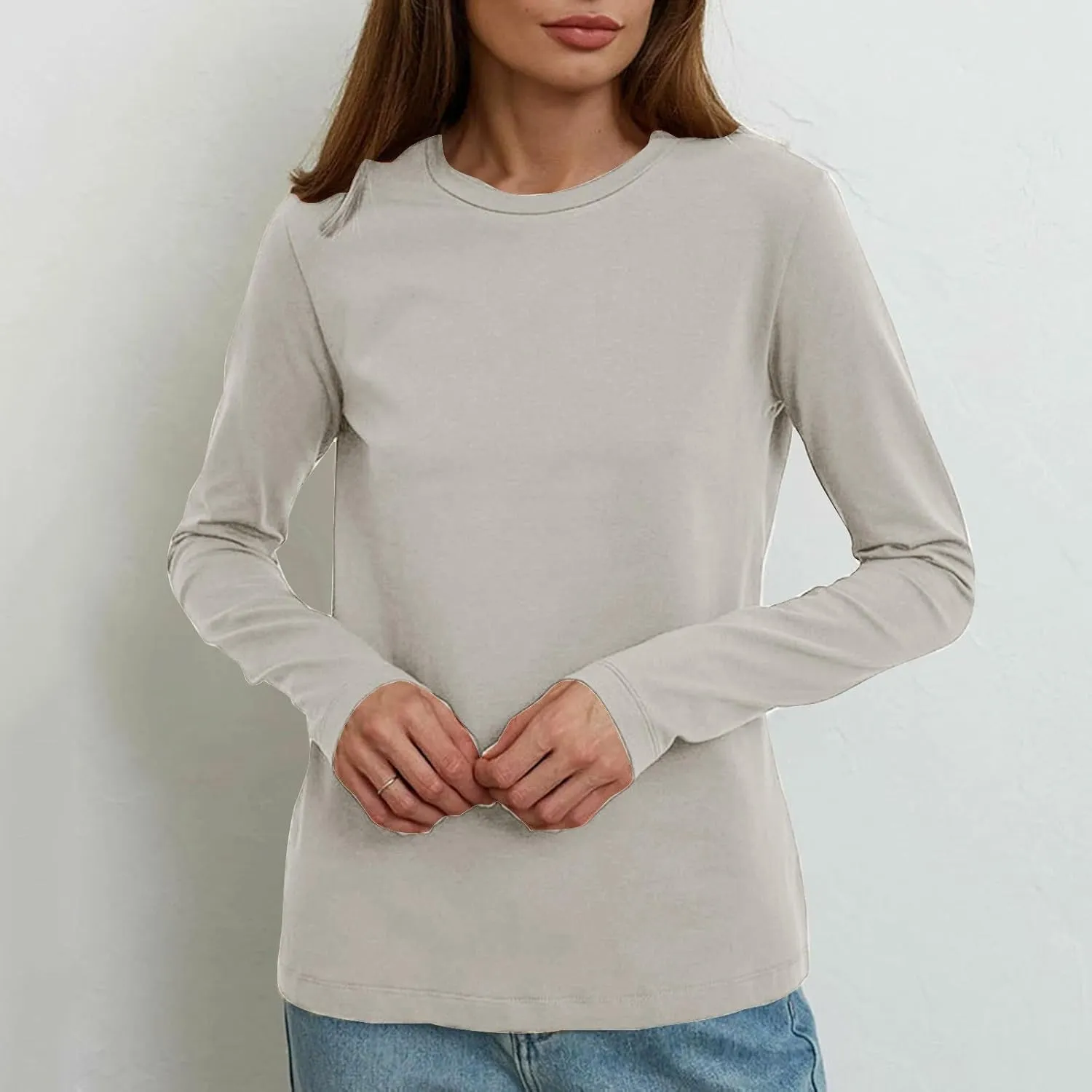 Womens Tunic Tops Casual Long Sleeve Round Neck Stretchy Loose Fit Palin Color Sweatshirt Pullover Shirts Fall 2024