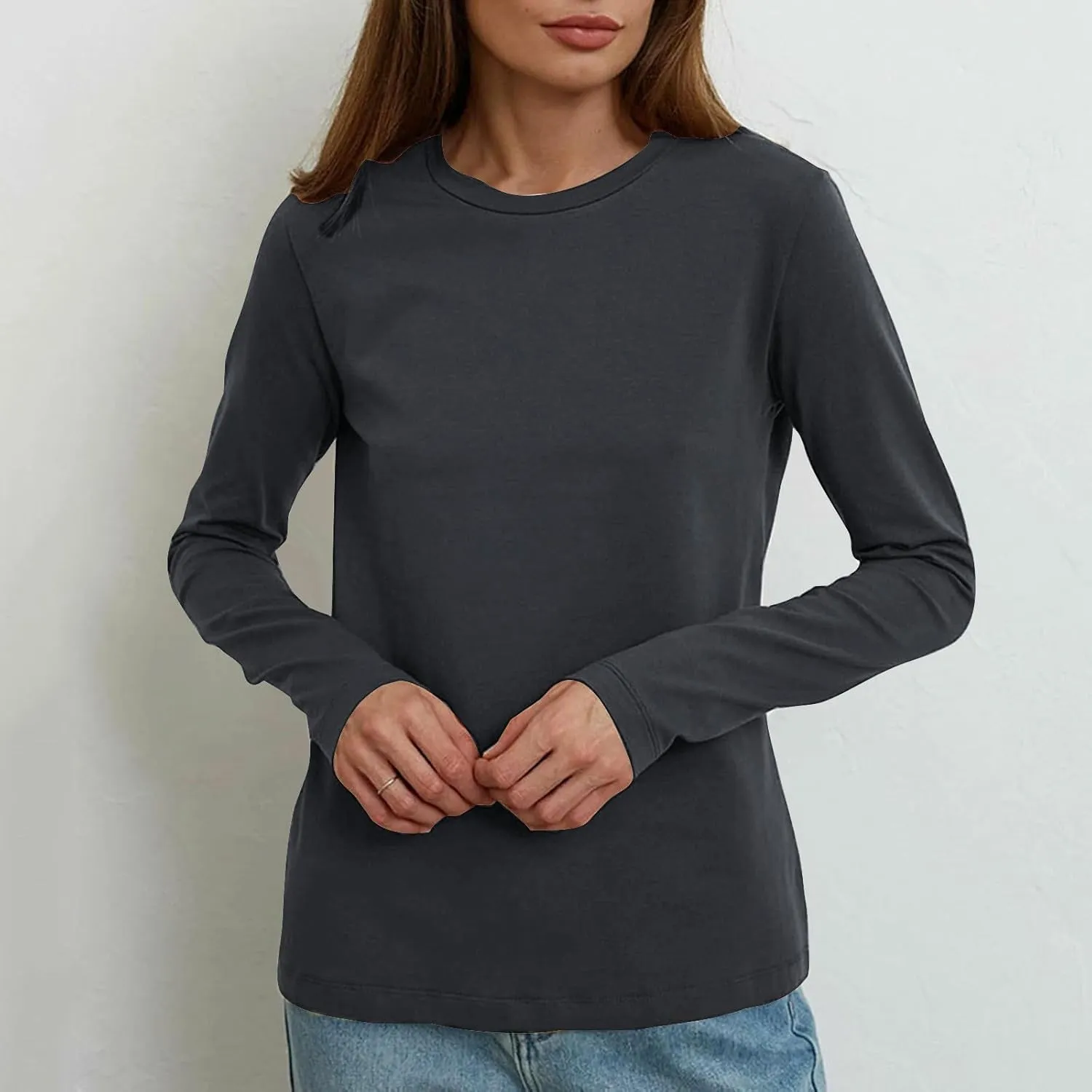 Womens Tunic Tops Casual Long Sleeve Round Neck Stretchy Loose Fit Palin Color Sweatshirt Pullover Shirts Fall 2024