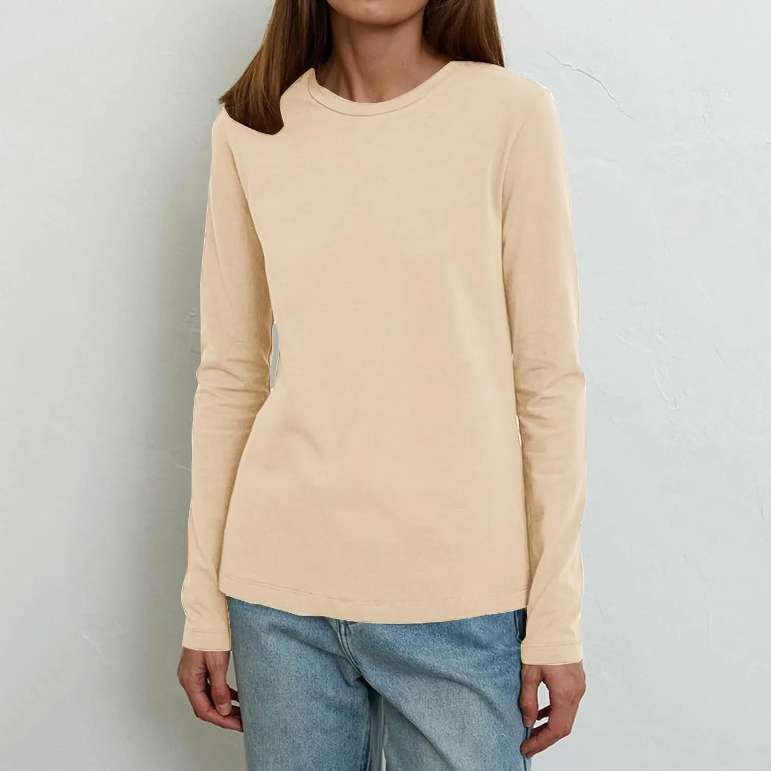 Womens Tunic Tops Casual Long Sleeve Round Neck Stretchy Loose Fit Palin Color Sweatshirt Pullover Shirts Fall 2024